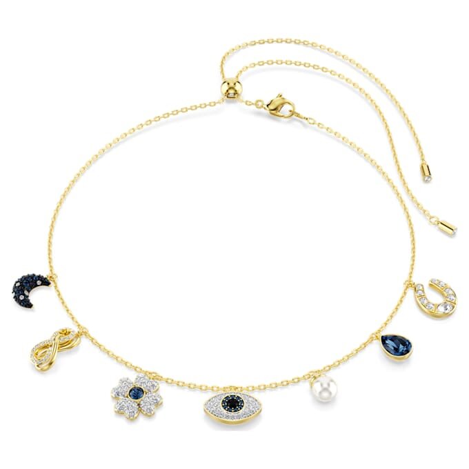 Collier ras-du-cou Symbolica : perle de cristal, lune, Infinity, trèfle, œil maléfique et fer à cheval, bleu, plaqué or Collier ras-du-cou Symbolica : perle de cristal, lune, Infinity, trèfle, œil maléfique et fer à cheval, bleu, plaqué or