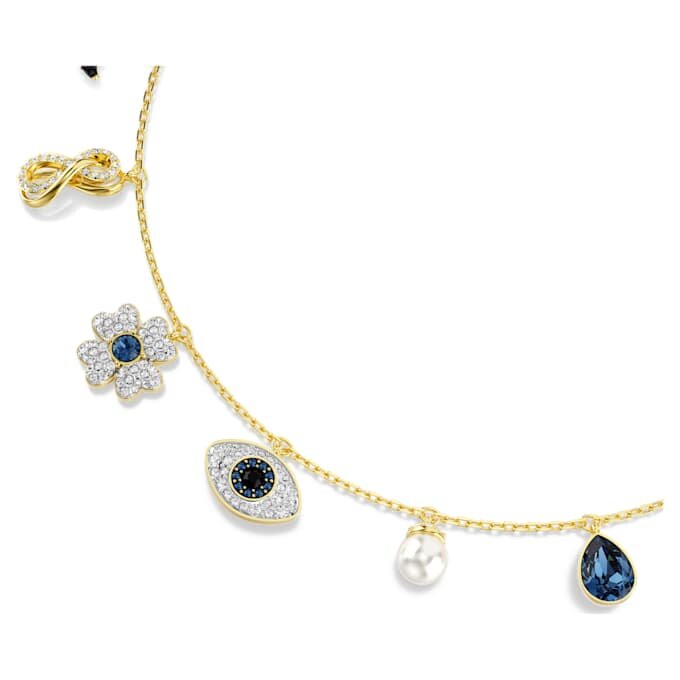 Collier ras-du-cou Symbolica : perle de cristal, lune, Infinity, trèfle, œil maléfique et fer à cheval, bleu, plaqué or Collier ras-du-cou Symbolica : perle de cristal, lune, Infinity, trèfle, œil maléfique et fer à cheval, bleu, plaqué or