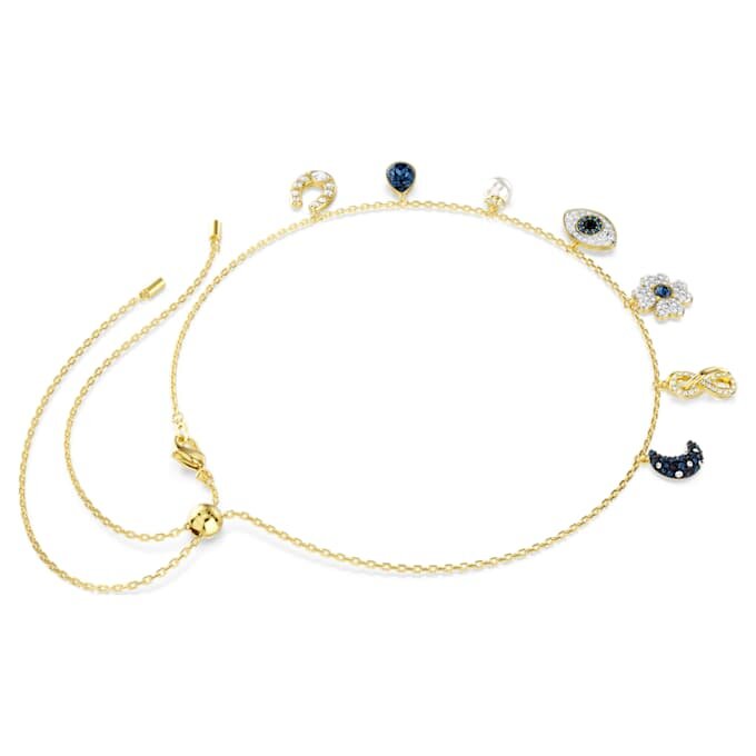 Collier ras-du-cou Symbolica : perle de cristal, lune, Infinity, trèfle, œil maléfique et fer à cheval, bleu, plaqué or Collier ras-du-cou Symbolica : perle de cristal, lune, Infinity, trèfle, œil maléfique et fer à cheval, bleu, plaqué or