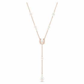 Collier Symbolica en Y avec perles de cristal, pavé, fer à cheval, blanc, plaqué or rose Collier Symbolica en Y avec perles de cristal, pavé, fer à cheval, blanc, plaqué or rose