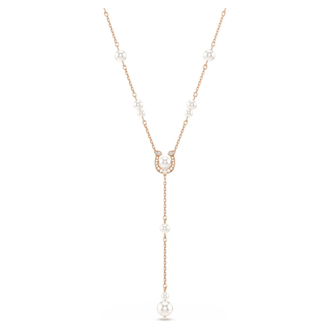 Collier Symbolica en Y avec perles de cristal, pavé, fer à cheval, blanc, plaqué or rose Collier Symbolica en Y avec perles de cristal, pavé, fer à cheval, blanc, plaqué or rose