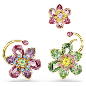 Ensemble de boucles d’oreilles Idyllia (3), design asymétrique, tailles variées, fleurs, multicolores, plaqué or