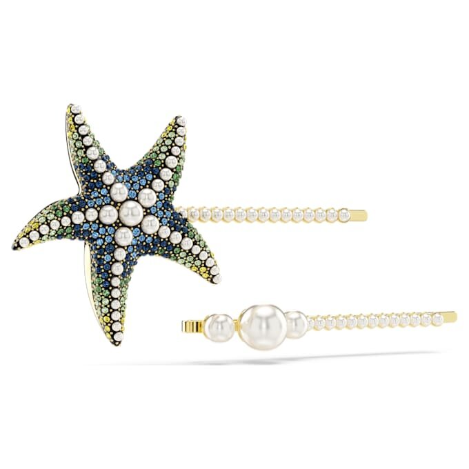 Lot de 2 épingles à cheveux Idyllia, perles de cristal, étoile de mer, multicolores, plaquées or Lot de 2 épingles à cheveux Idyllia, perles de cristal, étoile de mer, multicolores, plaquées or