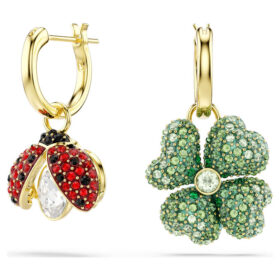 Lot de boucles d’oreilles pendantes Idyllia (3), coccinelle, trèfle, fraise, multicolores, plaqué or