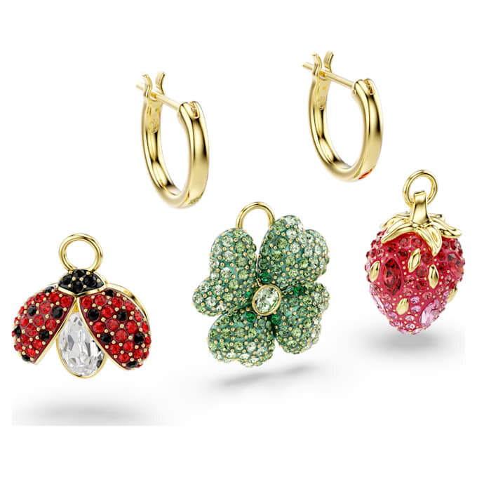 Lot de boucles d’oreilles pendantes Idyllia (3), coccinelle, trèfle, fraise, multicolores, plaqué or Lot de boucles d’oreilles pendantes Idyllia (3), coccinelle, trèfle, fraise, multicolores, plaqué or