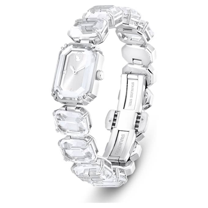 Montre-bracelet à cristaux taille octogonale, blanche, en acier inoxydable Montre-bracelet à cristaux taille octogonale, blanche, en acier inoxydable