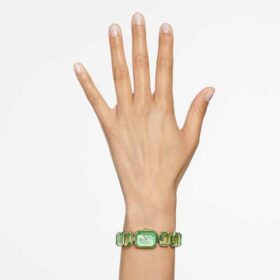Montre-bracelet à cristaux taille octogonale, verte, finition dorée champagne