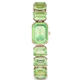 Montre-bracelet à cristaux taille octogonale, verte, finition dorée champagne