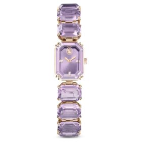 Montre à bracelet à cristaux taille octogonale, violet, finition dorée champagne