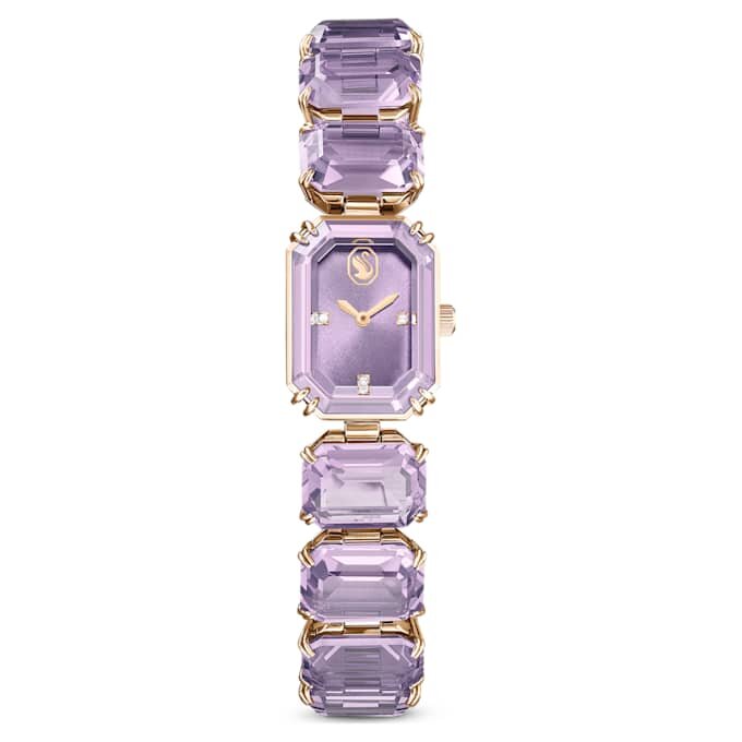 Montre à bracelet à cristaux taille octogonale, violet, finition dorée champagne Montre à bracelet à cristaux taille octogonale, violet, finition dorée champagne