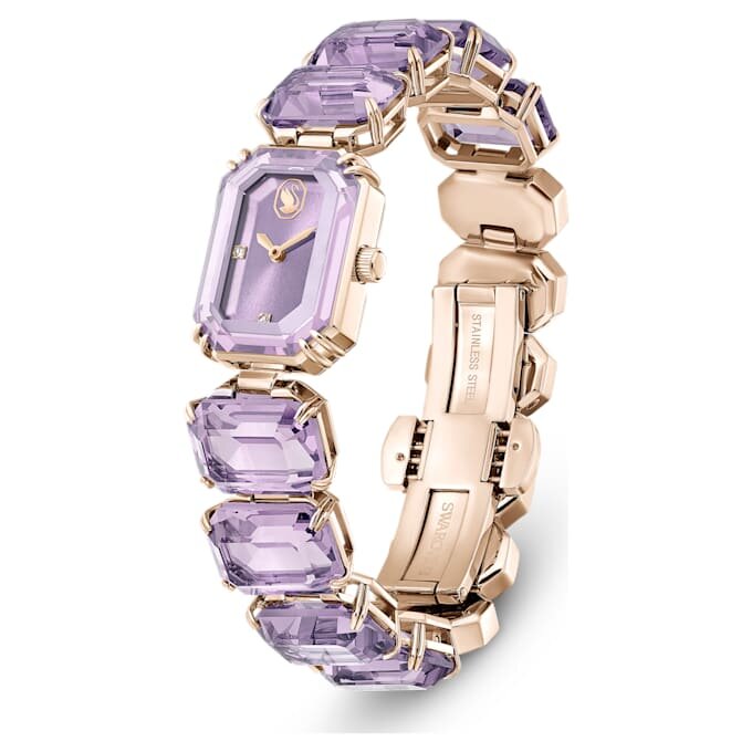 Montre à bracelet à cristaux taille octogonale, violet, finition dorée champagne Montre à bracelet à cristaux taille octogonale, violet, finition dorée champagne