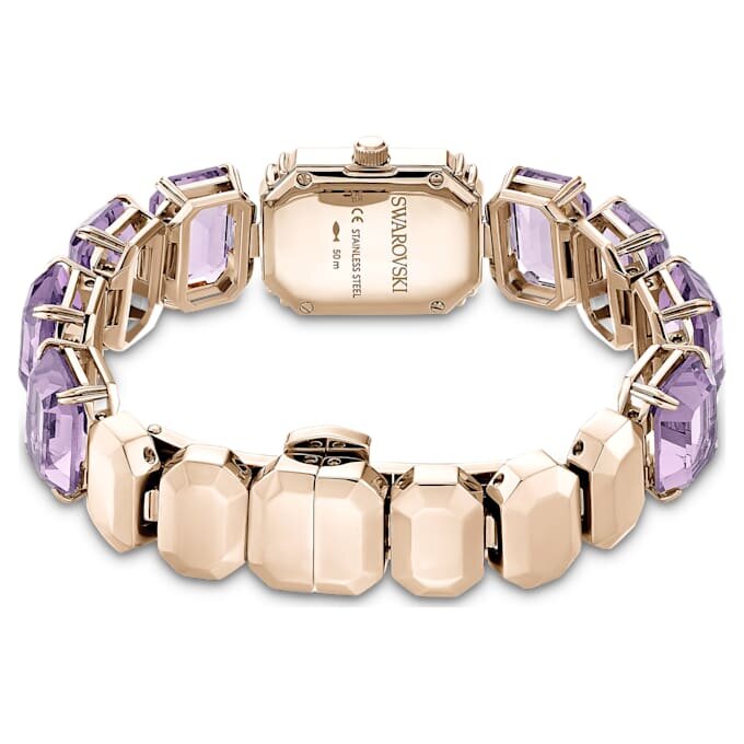 Montre à bracelet à cristaux taille octogonale, violet, finition dorée champagne Montre à bracelet à cristaux taille octogonale, violet, finition dorée champagne