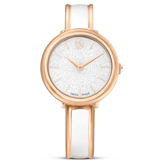 Montre-bracelet Crystalline « Swiss Made », bracelet en métal, blanche, finition dorée rose Montre-bracelet Crystalline « Swiss Made », bracelet en métal, blanche, finition dorée rose