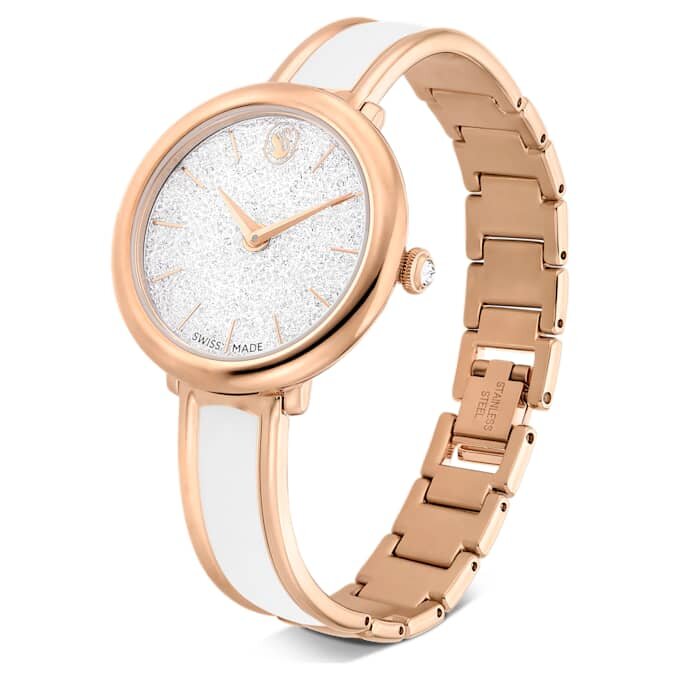 Montre-bracelet Crystalline « Swiss Made », bracelet en métal, blanche, finition dorée rose Montre-bracelet Crystalline « Swiss Made », bracelet en métal, blanche, finition dorée rose