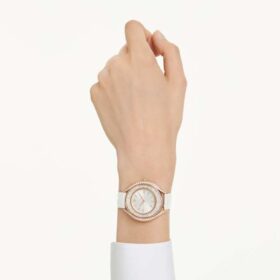 Montre Crystalline Aura « Swiss Made », bracelet en cuir, blanche, finition dorée rose
