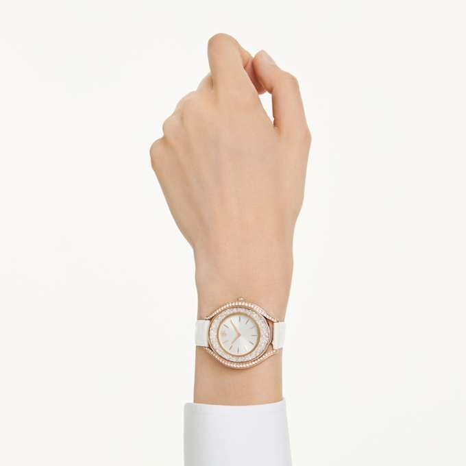 Montre Crystalline Aura « Swiss Made », bracelet en cuir, blanche, finition dorée rose Montre Crystalline Aura « Swiss Made », bracelet en cuir, blanche, finition dorée rose