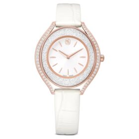 Montre Crystalline Aura « Swiss Made », bracelet en cuir, blanche, finition dorée rose