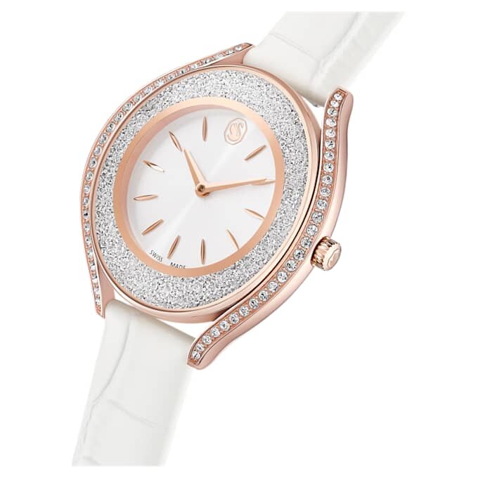 Montre Crystalline Aura « Swiss Made », bracelet en cuir, blanche, finition dorée rose Montre Crystalline Aura « Swiss Made », bracelet en cuir, blanche, finition dorée rose