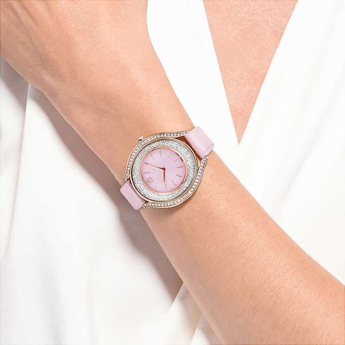 Montre Crystalline Aura « Swiss Made », bracelet en cuir, rose, finition dorée rose Montre Crystalline Aura « Swiss Made », bracelet en cuir, rose, finition dorée rose