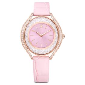 Montre Crystalline Aura « Swiss Made », bracelet en cuir, rose, finition dorée rose