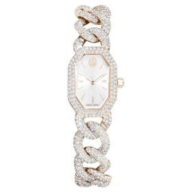 Montre Dextera à chaîne, fabrication suisse, bracelet en cristaux, blanc, finition dorée champagne