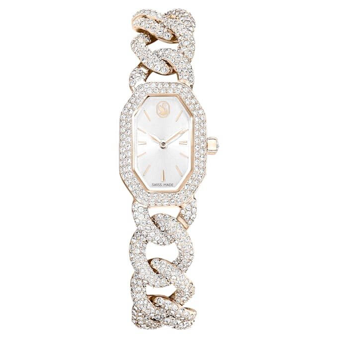 Montre Dextera à chaîne, fabrication suisse, bracelet en cristaux, blanc, finition dorée champagne Montre Dextera à chaîne, fabrication suisse, bracelet en cristaux, blanc, finition dorée champagne