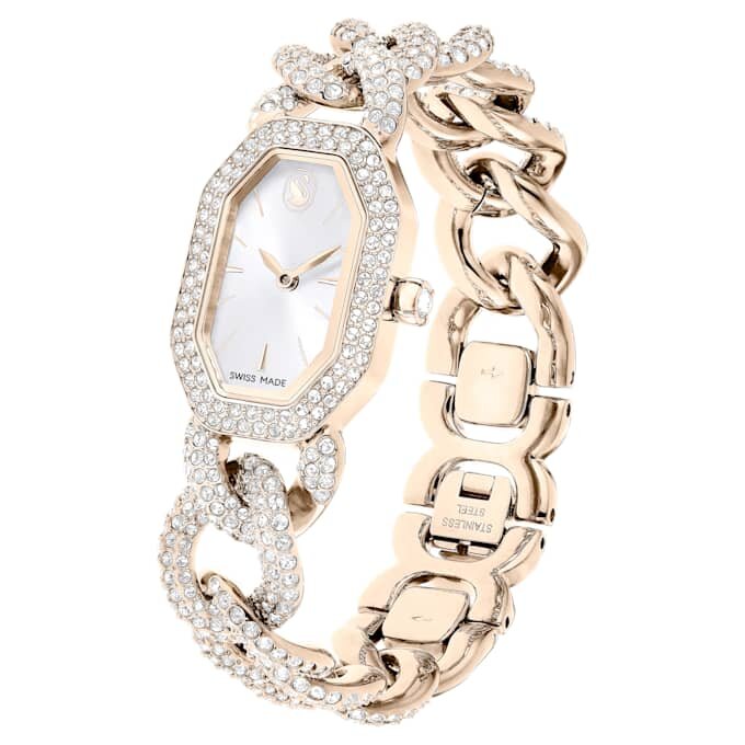 Montre Dextera à chaîne, fabrication suisse, bracelet en cristaux, blanc, finition dorée champagne Montre Dextera à chaîne, fabrication suisse, bracelet en cristaux, blanc, finition dorée champagne