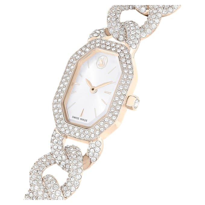 Montre Dextera à chaîne, fabrication suisse, bracelet en cristaux, blanc, finition dorée champagne Montre Dextera à chaîne, fabrication suisse, bracelet en cristaux, blanc, finition dorée champagne