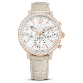 Montre Matrix Tennis Chrono « Swiss Made », bracelet en cuir, beige, finition couleur or rose