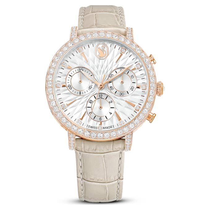Montre Matrix Tennis Chrono « Swiss Made », bracelet en cuir, beige, finition couleur or rose Montre Matrix Tennis Chrono « Swiss Made », bracelet en cuir, beige, finition couleur or rose