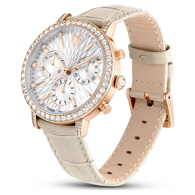 Montre Matrix Tennis Chrono « Swiss Made », bracelet en cuir, beige, finition couleur or rose Montre Matrix Tennis Chrono « Swiss Made », bracelet en cuir, beige, finition couleur or rose