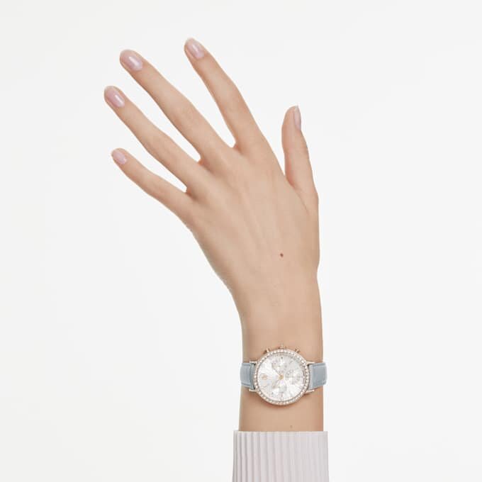 Montre Matrix Tennis Chrono « Swiss Made », bracelet en cuir, gris, finition dorée champagne Montre Matrix Tennis Chrono « Swiss Made », bracelet en cuir, gris, finition dorée champagne