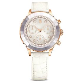 Montre Octea Chrono « Swiss Made », bracelet en cuir, blanche, finition couleur or rose