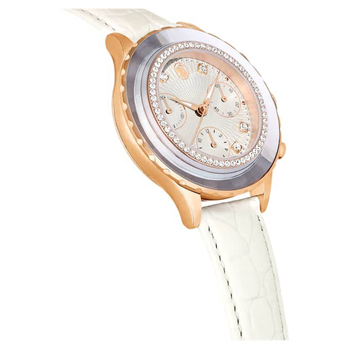 Montre Octea Chrono « Swiss Made », bracelet en cuir, blanche, finition couleur or rose Montre Octea Chrono « Swiss Made », bracelet en cuir, blanche, finition couleur or rose