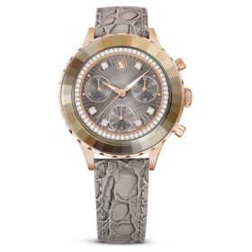 Montre Octea Chrono « Swiss Made », bracelet en cuir, gris, finition dorée rose