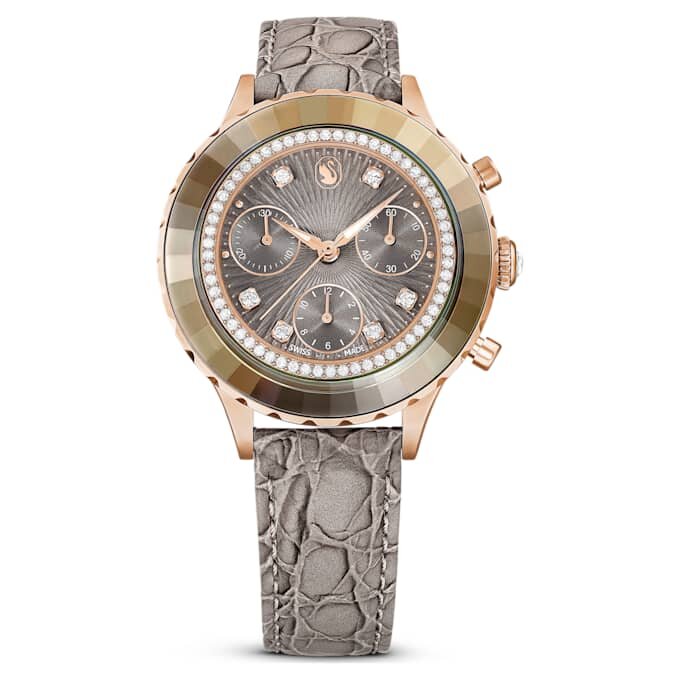 Montre Octea Chrono « Swiss Made », bracelet en cuir, gris, finition dorée rose Montre Octea Chrono « Swiss Made », bracelet en cuir, gris, finition dorée rose