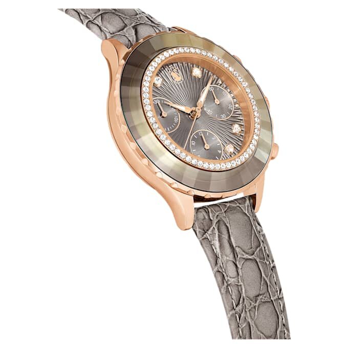 Montre Octea Chrono « Swiss Made », bracelet en cuir, gris, finition dorée rose Montre Octea Chrono « Swiss Made », bracelet en cuir, gris, finition dorée rose