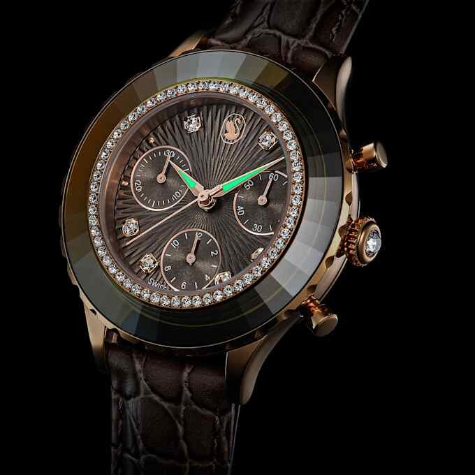 Montre Octea Chrono « Swiss Made », bracelet en cuir, gris, finition dorée rose Montre Octea Chrono « Swiss Made », bracelet en cuir, gris, finition dorée rose