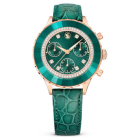 Montre Octea Chrono « Swiss Made », bracelet en cuir, vert, finition couleur or rose