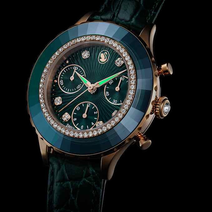 Montre Octea Chrono « Swiss Made », bracelet en cuir, vert, finition couleur or rose Montre Octea Chrono « Swiss Made », bracelet en cuir, vert, finition couleur or rose