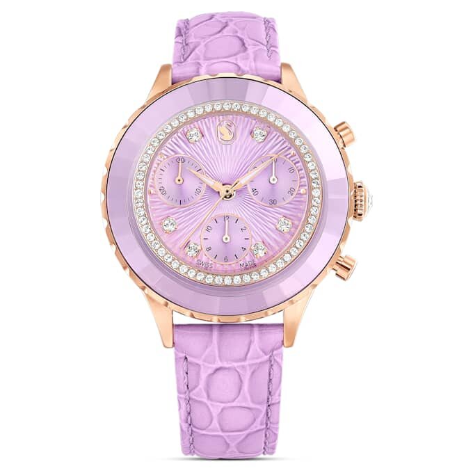 Montre Octea Chrono « Swiss Made », bracelet en cuir, violet, finition or rose Montre Octea Chrono « Swiss Made », bracelet en cuir, violet, finition or rose