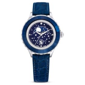 Montre Octea Moon Swiss Made, Lune, bracelet en cuir, bleu, acier inoxydable