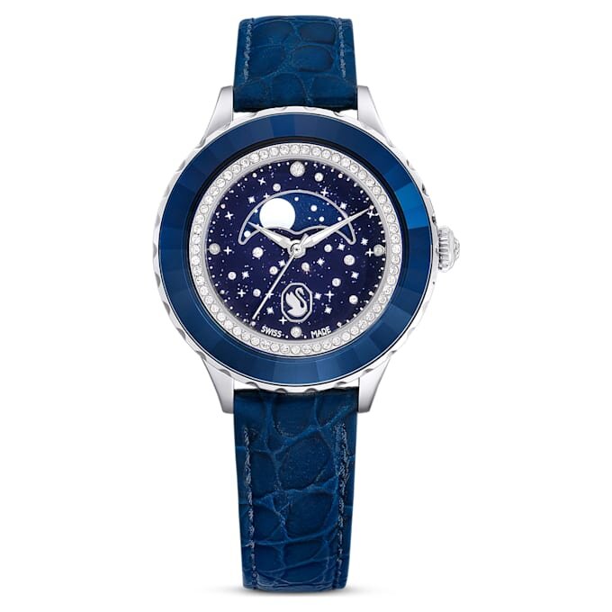 Montre Octea Moon Swiss Made, Lune, bracelet en cuir, bleu, acier inoxydable Montre Octea Moon Swiss Made, Lune, bracelet en cuir, bleu, acier inoxydable