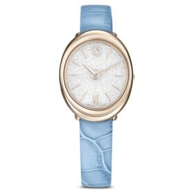 Montre ovale Imber « Swiss Made », bracelet en cuir, bleue, finition dorée champagne