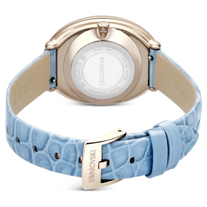 Montre ovale Imber « Swiss Made », bracelet en cuir, bleue, finition dorée champagne Montre ovale Imber « Swiss Made », bracelet en cuir, bleue, finition dorée champagne