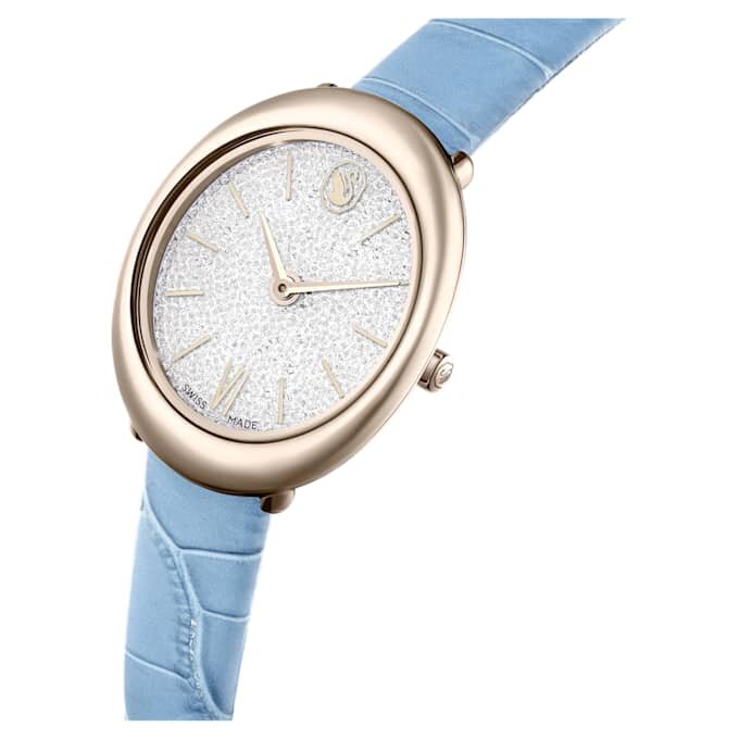 Montre ovale Imber « Swiss Made », bracelet en cuir, bleue, finition dorée champagne Montre ovale Imber « Swiss Made », bracelet en cuir, bleue, finition dorée champagne