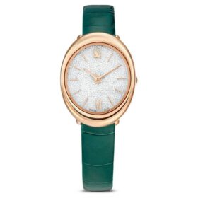 Montre ovale Imber « Swiss Made », bracelet en cuir, verte, finition ton or rose