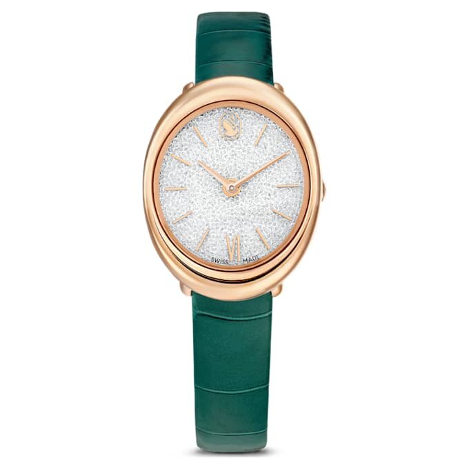 Montre ovale Imber « Swiss Made », bracelet en cuir, verte, finition ton or rose Montre ovale Imber « Swiss Made », bracelet en cuir, verte, finition ton or rose
