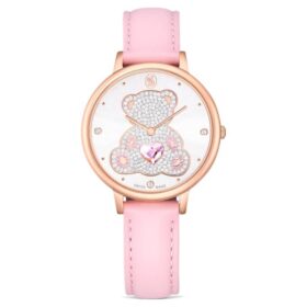 Montre Teddy Swiss Made, bracelet en cuir, rose, finition dorée rose