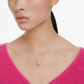 Pendentif Bella V, taille ronde, rose, plaqué rhodium
